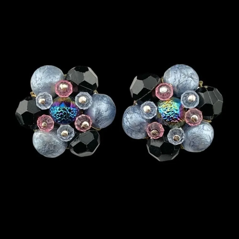 Western Germany Vintage Estate Signed Blue Black Pink Beaded Clip On Earrings